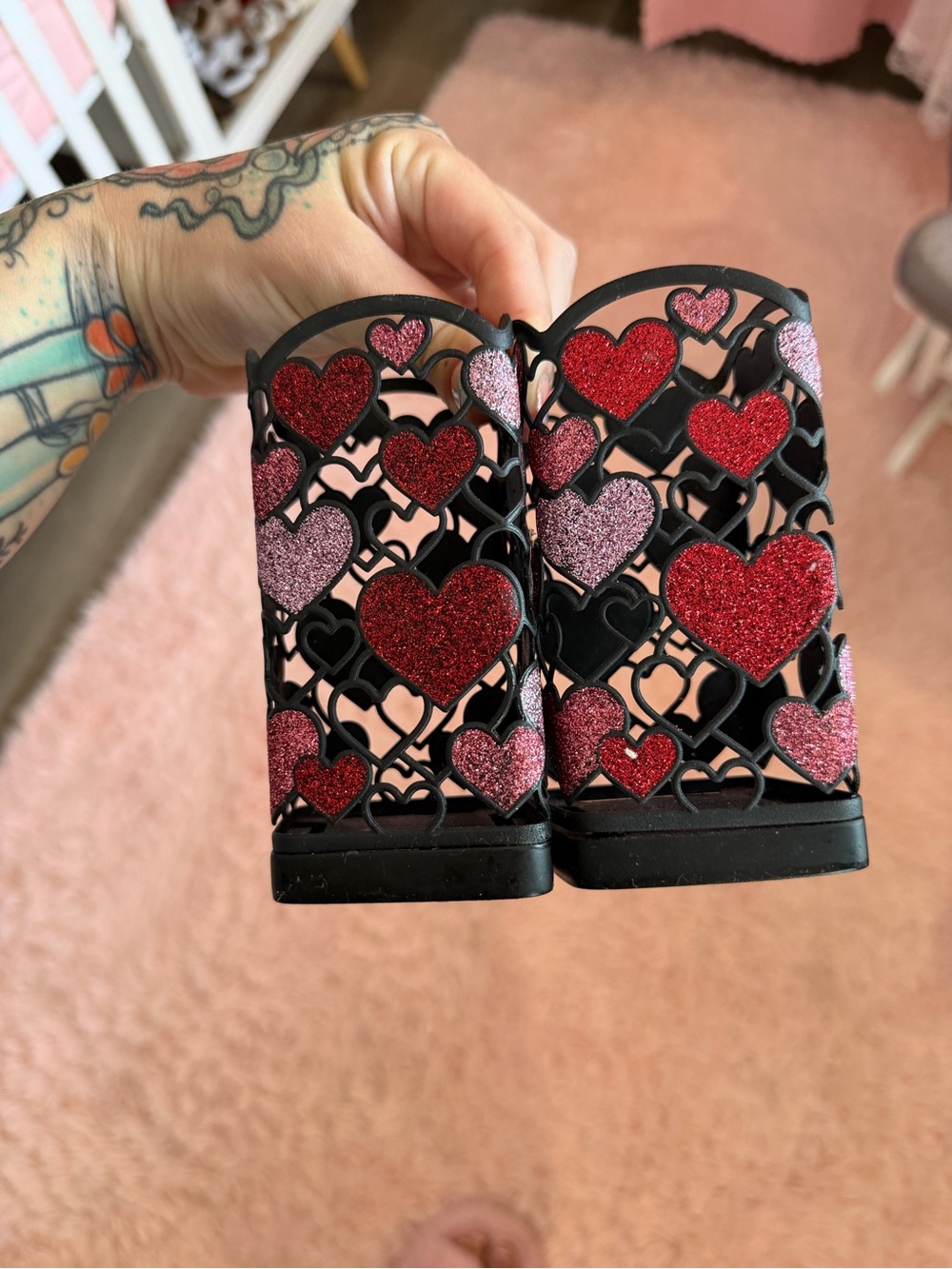 Bath & Body Works Black Heart Soap Holders with Red & Pink Glitter Hearts (2set)